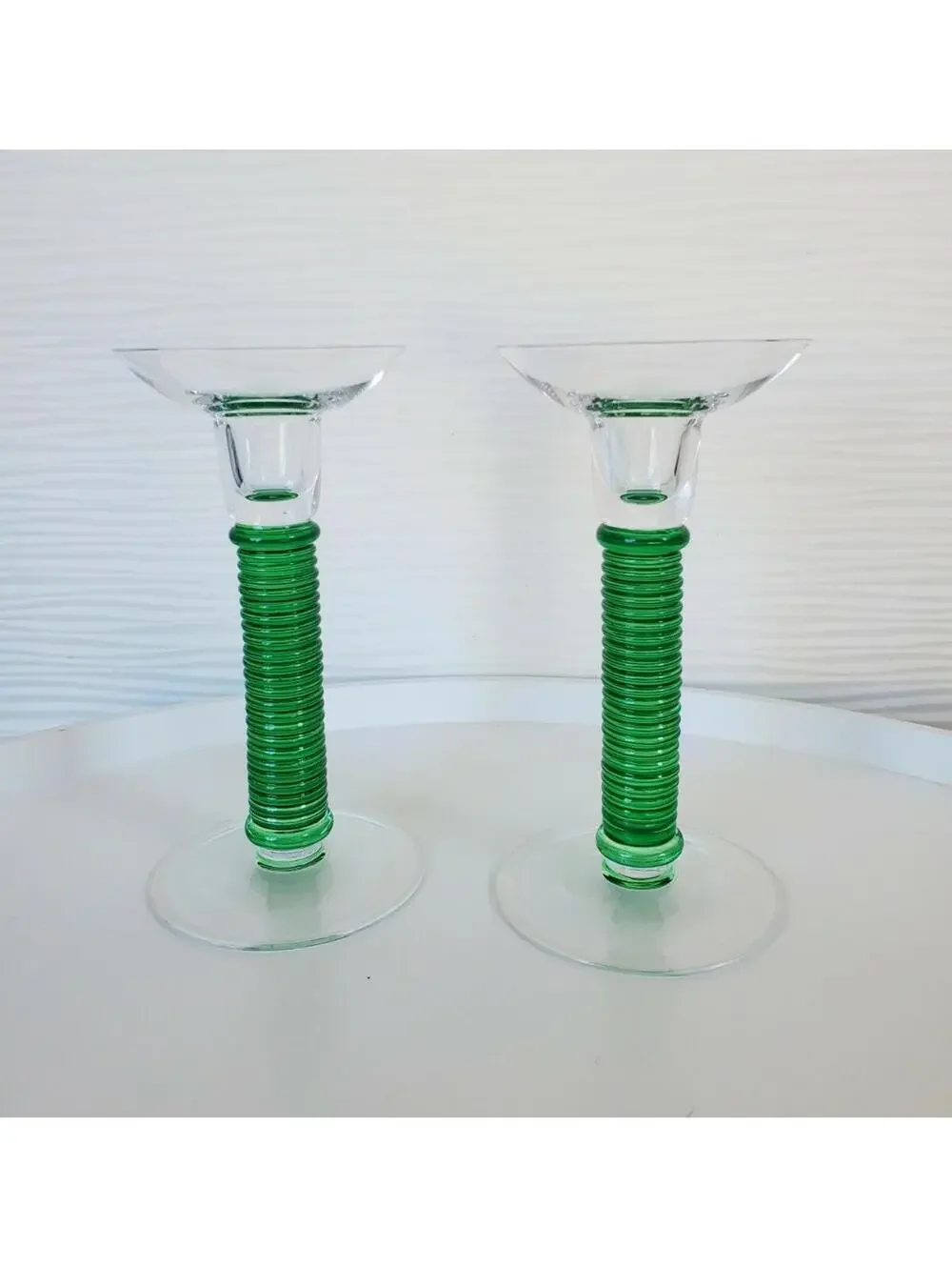 Vintage Green Spiral Glass Candlestick Holders 7